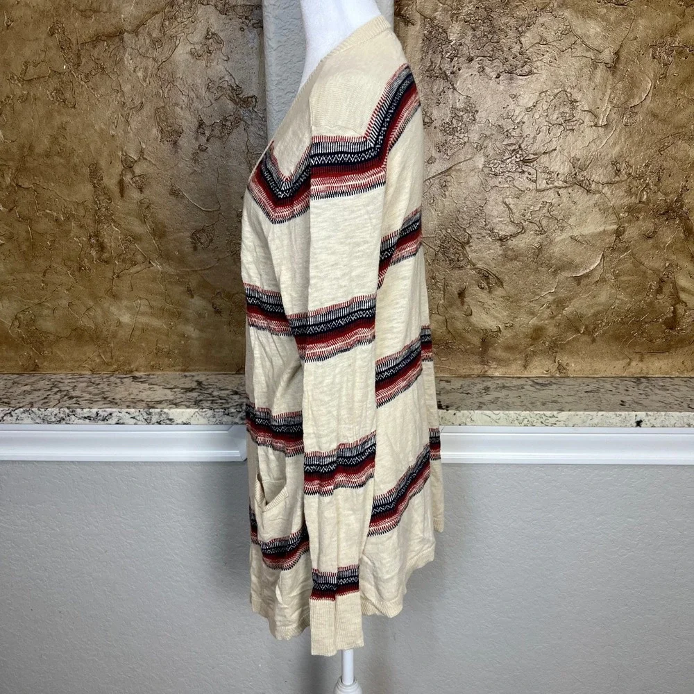 Eddie‎ Bauer Cardigan Sweater Womens XL Cream Striped Open Front Cotton Light